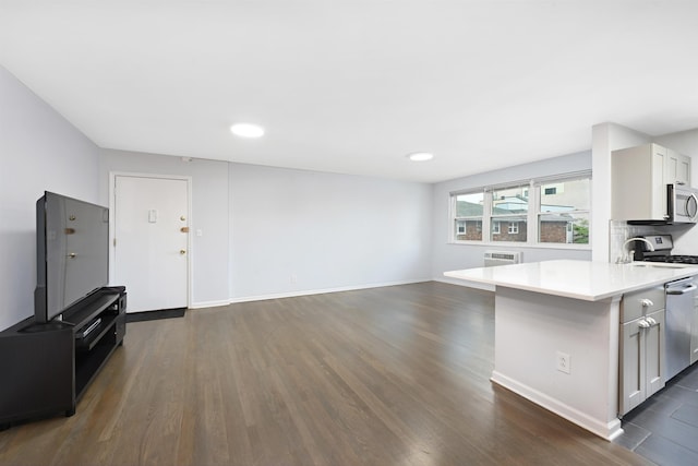 kitchen featuring light countertops, stainless steel appliances, open floor plan, baseboards, and dark wood-type flooring