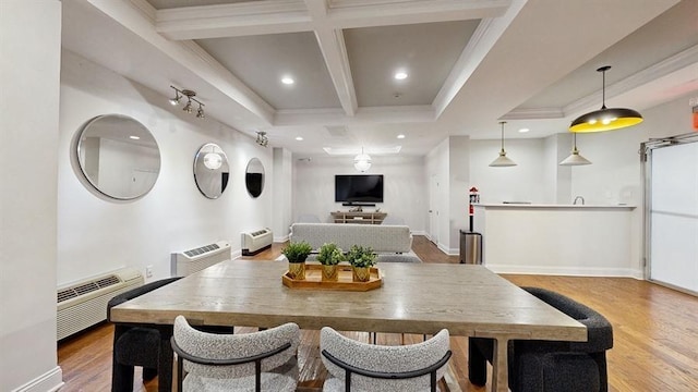 100 Manhattan Ave Unit 1912, Union City, NJ 07087 - dining area with recessed lighting, coffered ceiling, a wall mounted AC, and wood finished floors