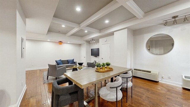100 Manhattan Ave Unit 1912, Union City, NJ 07087 - dining space featuring hardwood / wood-style flooring, beamed ceiling, baseboards, and coffered ceiling