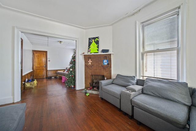 living room featuring dark wood-type flooring and a fireplace