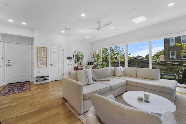 936 Pavonia Ave # 3A, Jersey City, NJ 07306 - living room featuring recessed lighting, a ceiling fan, visible vents, and light wood-type flooring