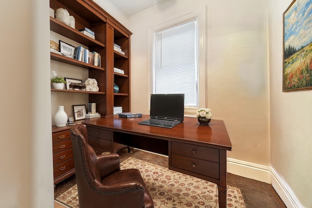 home office with crown molding and baseboards