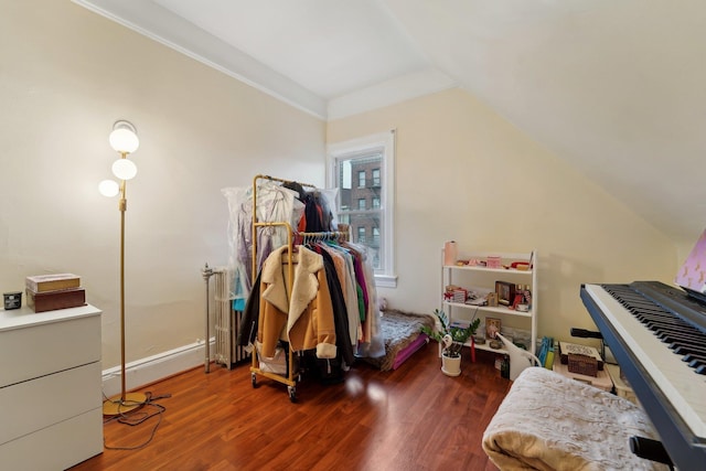 bedroom with baseboards, wood finished floors, and lofted ceiling
