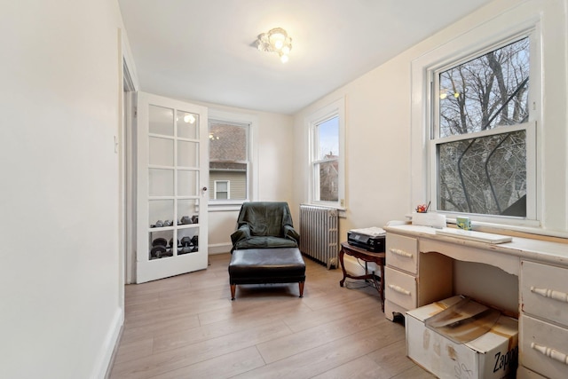 living area featuring baseboards, radiator, and light wood-type flooring