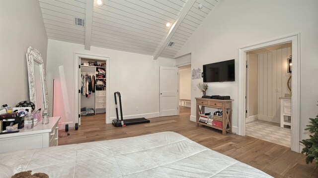 150 Mountain Ave, Pequannock Township, NJ 07444 - bedroom with wood finished floors, a walk in closet, beam ceiling, baseboards, and a closet