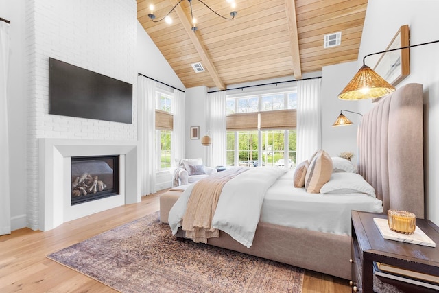 150 Mountain Ave, Pequannock Township, NJ 07444 - bedroom with wood ceiling, wood finished floors, beamed ceiling, a large fireplace, and high vaulted ceiling
