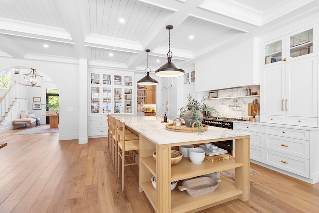 150 Mountain Ave, Pequannock Township, NJ 07444 - kitchen with open shelves, recessed lighting, coffered ceiling, beam ceiling, and a kitchen island with sink