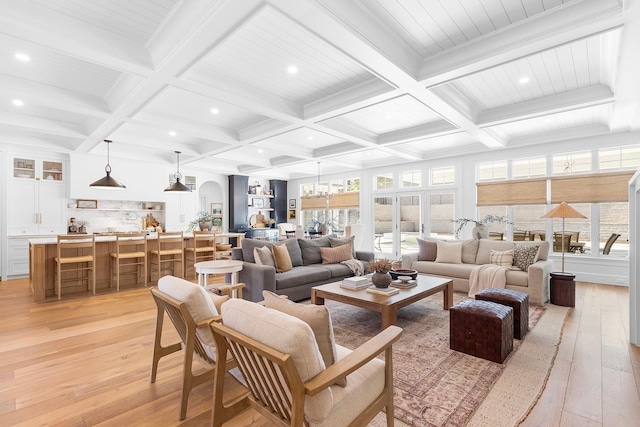 150 Mountain Ave, Pequannock Township, NJ 07444 - living area featuring light wood-style flooring, beam ceiling, coffered ceiling, a chandelier, and recessed lighting