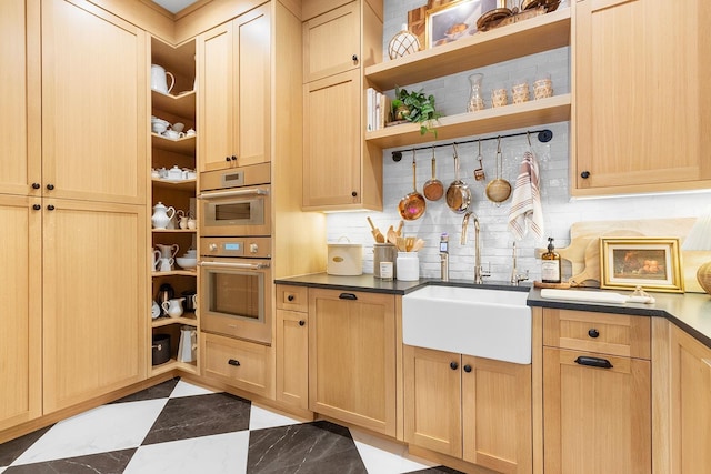 150 Mountain Ave, Pequannock Township, NJ 07444 - interior space with a sink, double oven, and decorative backsplash