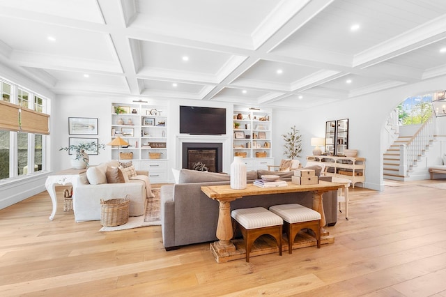 150 Mountain Ave, Pequannock Township, NJ 07444 - living room featuring light wood-type flooring, plenty of natural light, beamed ceiling, recessed lighting, and a fireplace