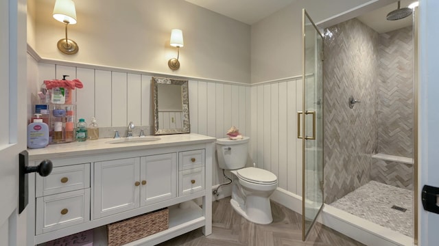 150 Mountain Ave, Pequannock Township, NJ 07444 - bathroom with a stall shower, wainscoting, toilet, and vanity