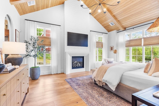 150 Mountain Ave, Pequannock Township, NJ 07444 - bedroom featuring high vaulted ceiling, light wood-type flooring, wooden ceiling, a large fireplace, and beam ceiling