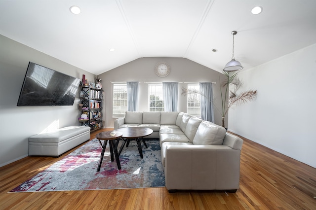 living room featuring lofted ceiling and hardwood / wood-style flooring