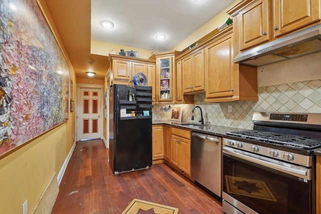 kitchen featuring stainless steel appliances, sink, dark stone countertops, tasteful backsplash, and dark hardwood / wood-style flooring