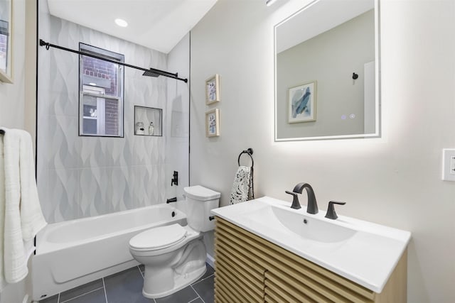 full bath featuring washtub / shower combination, vanity, toilet, and tile patterned floors