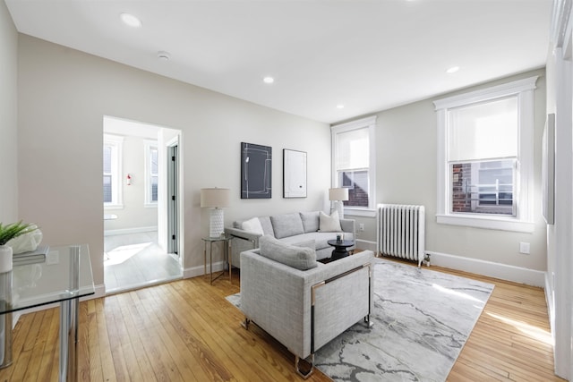 living area with a wealth of natural light, light wood-style flooring, and radiator heating unit