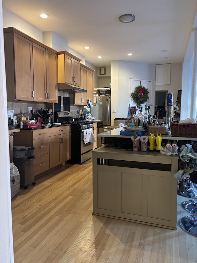 kitchen with light wood-type flooring, backsplash, and stainless steel appliances