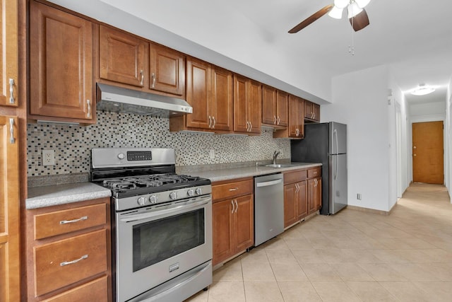 123 Shippen St, Weehawken, NJ 07086 - kitchen featuring stainless steel appliances, under cabinet range hood, ceiling fan, backsplash, and brown cabinets