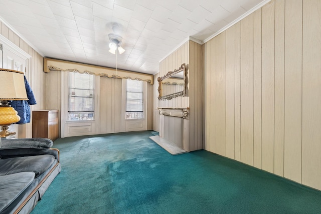 81 Atlantic St, Jersey City, NJ 07304 - carpeted living area featuring crown molding and wooden walls