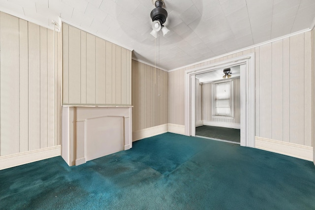 81 Atlantic St, Jersey City, NJ 07304 - empty room with dark colored carpet, ceiling fan, ornamental molding, and wood walls