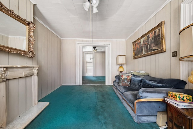 81 Atlantic St, Jersey City, NJ 07304 - carpeted living area featuring ceiling fan, crown molding, and wood walls