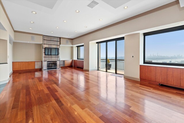 200 Old Palisade Rd Ph 4/5, Fort Lee, NJ 07024 - unfurnished living room featuring ornamental molding, light wood-style floors, recessed lighting, and a fireplace