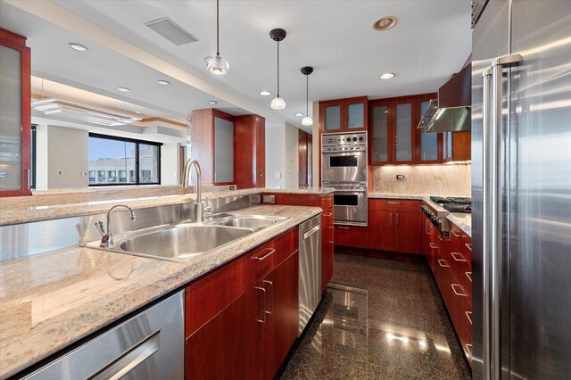 200 Old Palisade Rd Ph 4/5, Fort Lee, NJ 07024 - kitchen featuring stainless steel appliances, granite floors, recessed lighting, decorative light fixtures, and wall chimney range hood