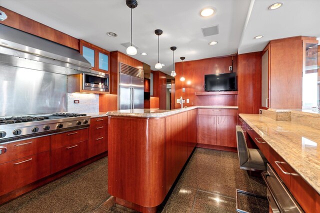 200 Old Palisade Rd Ph 4/5, Fort Lee, NJ 07024 - kitchen with built in appliances, recessed lighting, granite floors, a peninsula, and glass insert cabinets