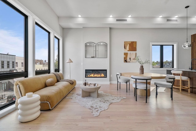 371 New York Ave Unit 2, Jersey City, NJ 07307 - living area featuring plenty of natural light, light wood finished floors, a glass covered fireplace, and recessed lighting