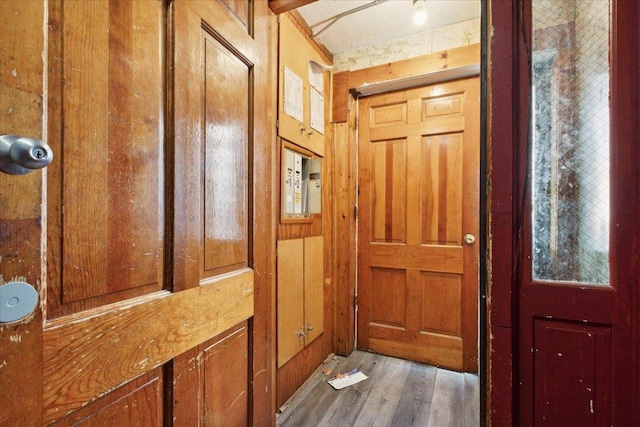 doorway with hardwood / wood-style floors and wood walls