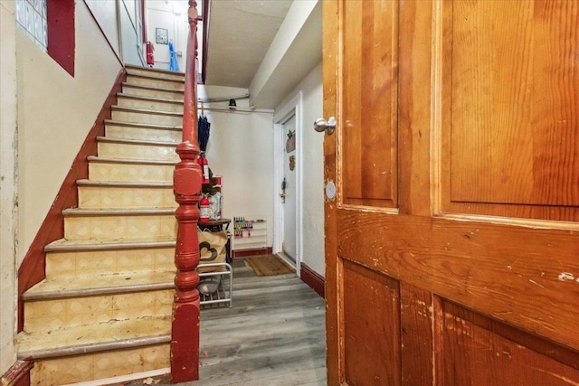 staircase with wood-type flooring