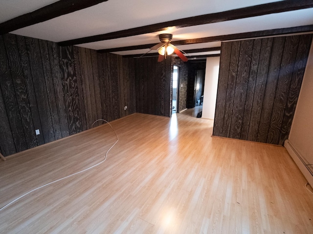 62 Hancock Ave, Jersey City, NJ 07307 - spare room featuring light wood-style flooring, beam ceiling, a ceiling fan, and wooden walls