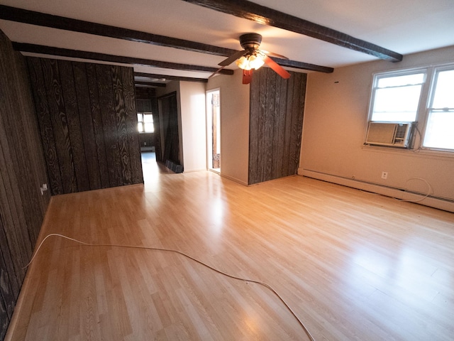 62 Hancock Ave, Jersey City, NJ 07307 - empty room with light wood finished floors, beamed ceiling, cooling unit, a ceiling fan, and a baseboard radiator