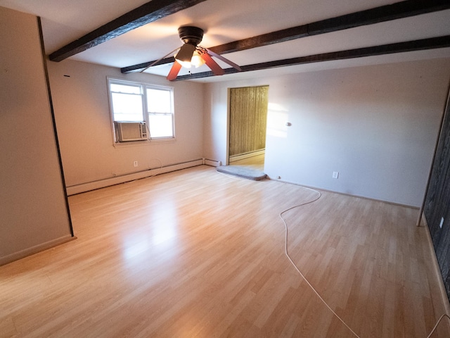 62 Hancock Ave, Jersey City, NJ 07307 - empty room with beamed ceiling, baseboard heating, a ceiling fan, light wood-type flooring, and baseboards