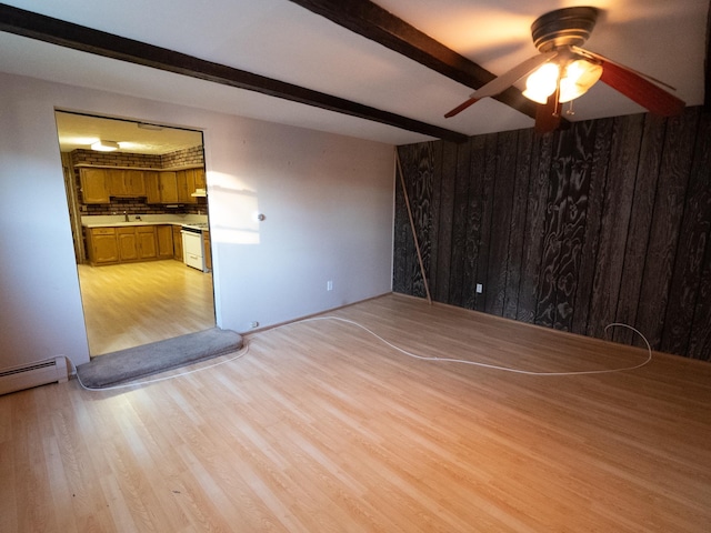 62 Hancock Ave, Jersey City, NJ 07307 - empty room with light wood finished floors, beamed ceiling, wood walls, ceiling fan, and baseboard heating
