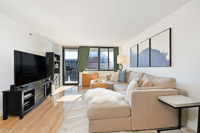 living room featuring a textured ceiling and light wood-type flooring