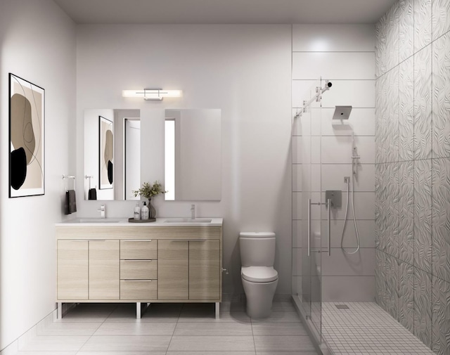 bathroom featuring toilet, tile patterned flooring, tiled shower, and vanity