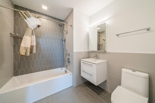 202 Merseles St Unit 503, Jersey City, NJ 07302 - bathroom with vanity, bathtub / shower combination, tile patterned floors, and tile walls