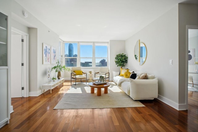 living room with dark wood-style floors, a city view, and baseboards