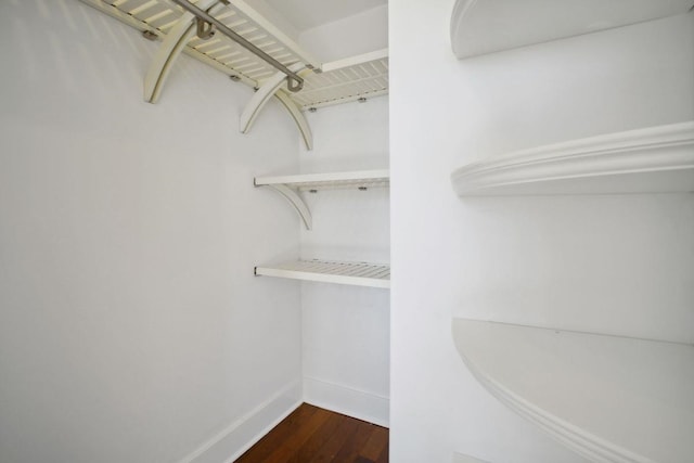 walk in closet featuring dark wood-style flooring