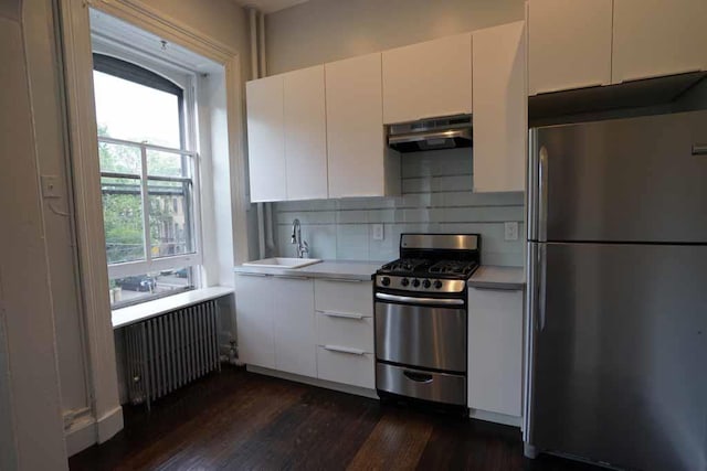 kitchen featuring radiator, a sink, light countertops, under cabinet range hood, and appliances with stainless steel finishes