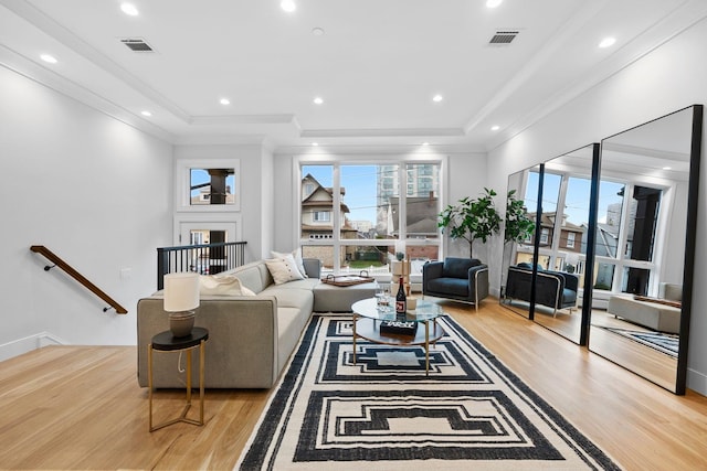 living room featuring light hardwood / wood-style floors and a raised ceiling