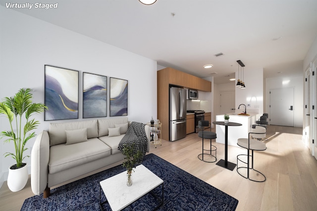 living room with sink and light hardwood / wood-style flooring