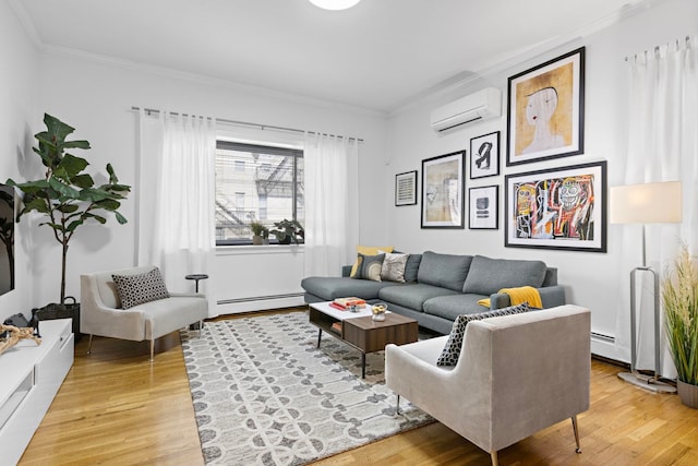 living room with light wood-style floors, baseboard heating, crown molding, and a wall unit AC