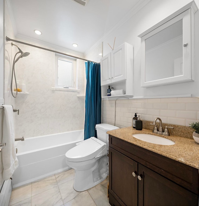 bathroom with toilet, vanity, ornamental molding, shower / tub combo, and tile walls