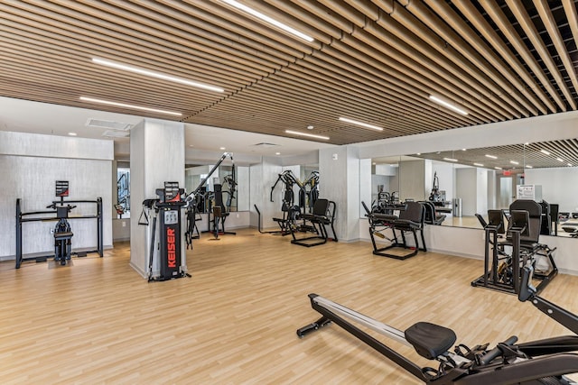 exercise room with light hardwood / wood-style floors