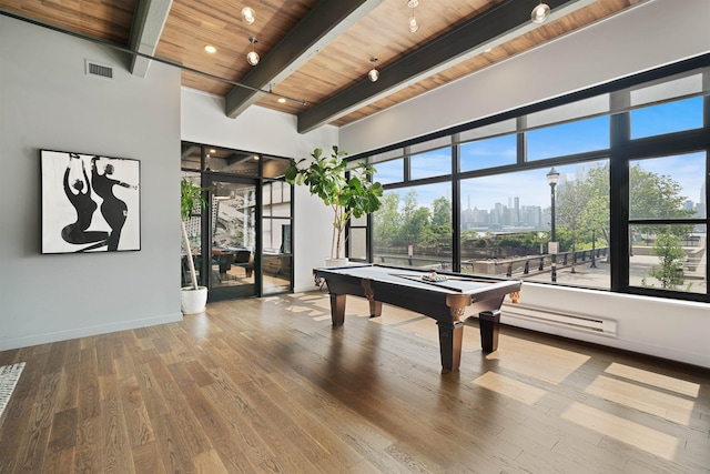 1500 Washington St Unit 8N, Hoboken, NJ 07030 - rec room with a wooden ceiling with exposed beams, plenty of natural light, pool table, wood finished floors, and a view of skyline