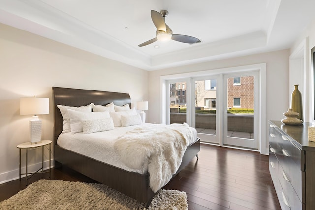 150 Henley Pl Unit 201, Weehawken, NJ 07086 - bedroom with a raised ceiling, access to exterior, dark wood-style floors, and ceiling fan