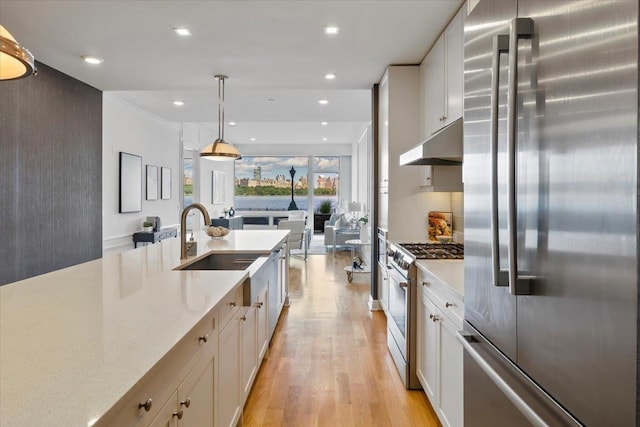 9 Somerset Ln Unit 118, Edgewater, NJ 07020 - kitchen with appliances with stainless steel finishes, under cabinet range hood, a sink, white cabinetry, and recessed lighting
