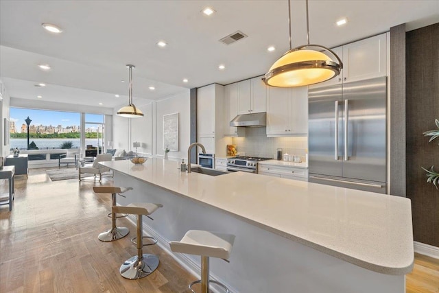 9 Somerset Ln Unit 118, Edgewater, NJ 07020 - kitchen featuring stainless steel appliances, under cabinet range hood, a sink, light wood-type flooring, and white cabinetry